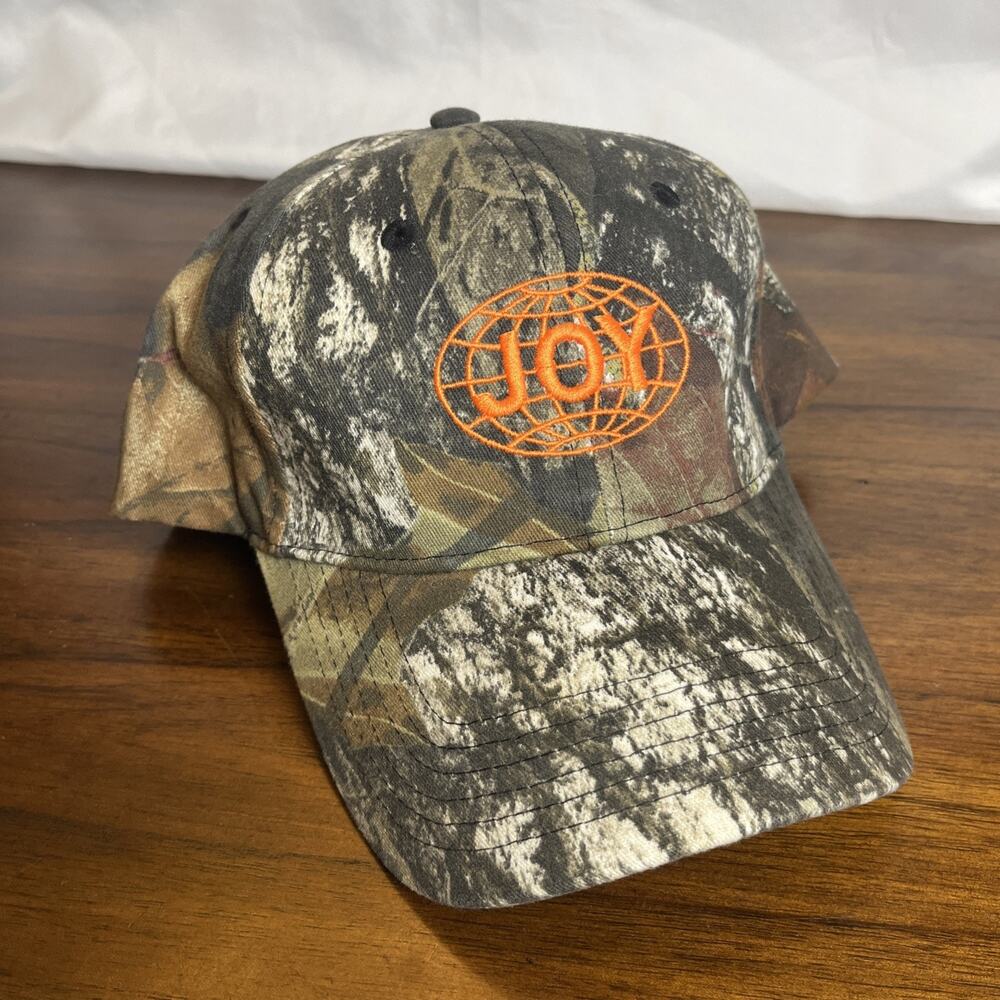 VINTAGE Mossy Oak Camo JOY Coal Mining Strapback Hat Orange Logo, Blue Collar